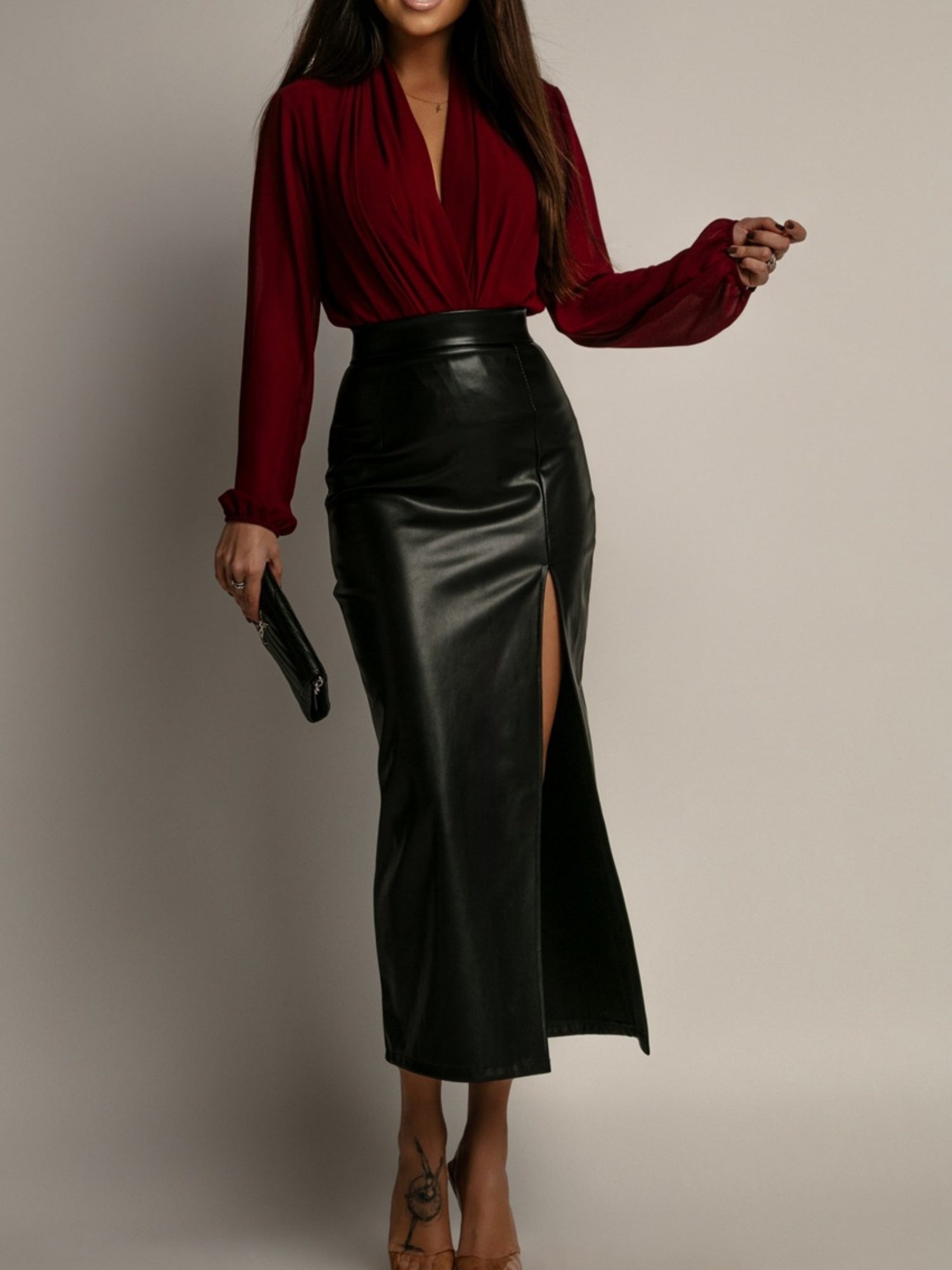 PU Leather High-waisted Side Slit Longline Skirts