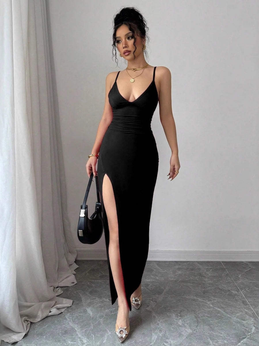 Hip-hugging Slit V-neck Formal Dress Midi Dresses