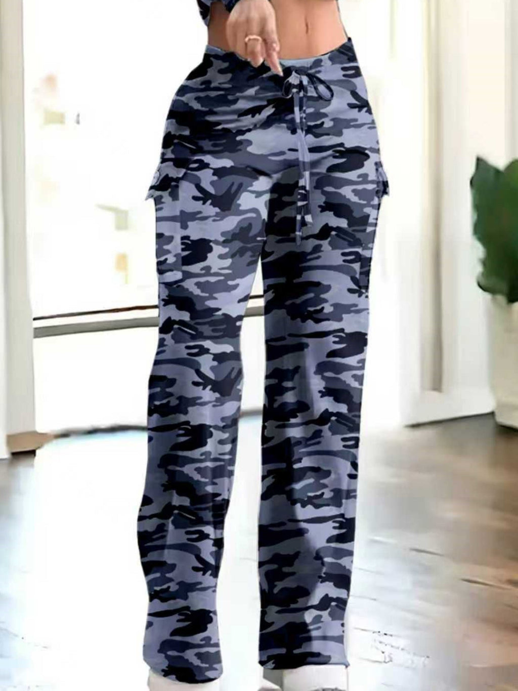 Camouflage Elastic Waistband Lace Up Pocket Cargo Trousers