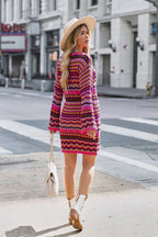 Striped Crochet Knit Crew Neck Bell Sleeve Mini Dress