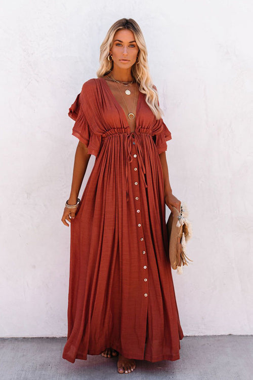 Plunging V-Neck Flutter Sleeve Tie Front Button Pocket Maxi Dress