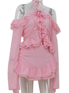 Ruffle Neck Strap Off-shoulder Long-sleeved Top And Skirt Sweet 2-piece Sets