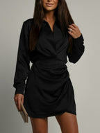 V-neck Long Sleeve Solid Color Pleated Mini&Short Dresses