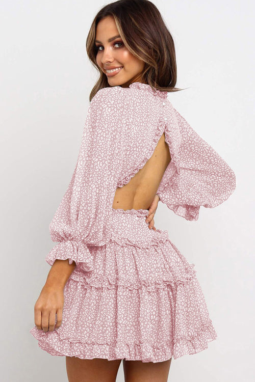 Micro Spotted Print Ruffle V-Neck Balloon Sleeve Tiered Ruffle Mini Dress