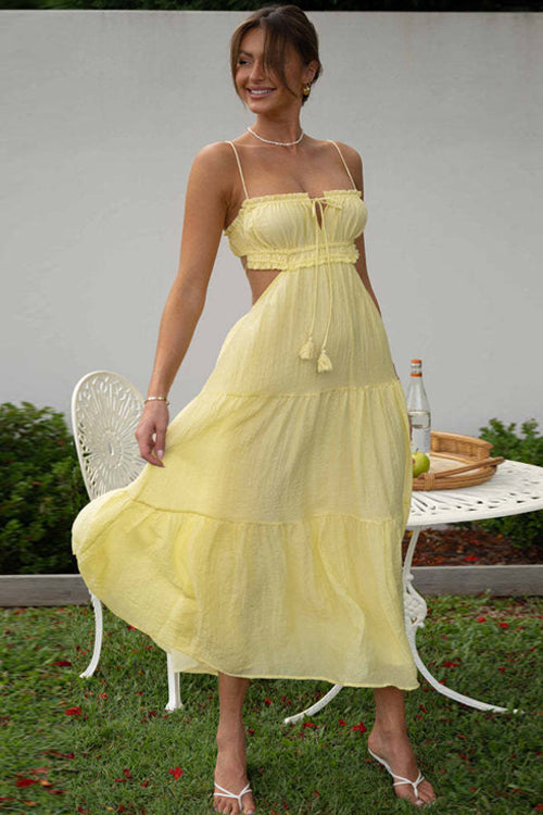Spaghetti Strap Keyhole Bust Side Waist Cut Out Tiered Maxi Dress