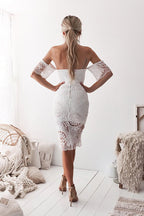 Off Shoulder Sweetheart Floral Lace Scalloped Hem Side Slit Midi Dress