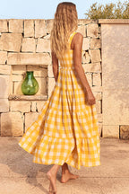 Gingham Square Neck Smocked Wide Strap Tiered Babydoll Maxi Dress