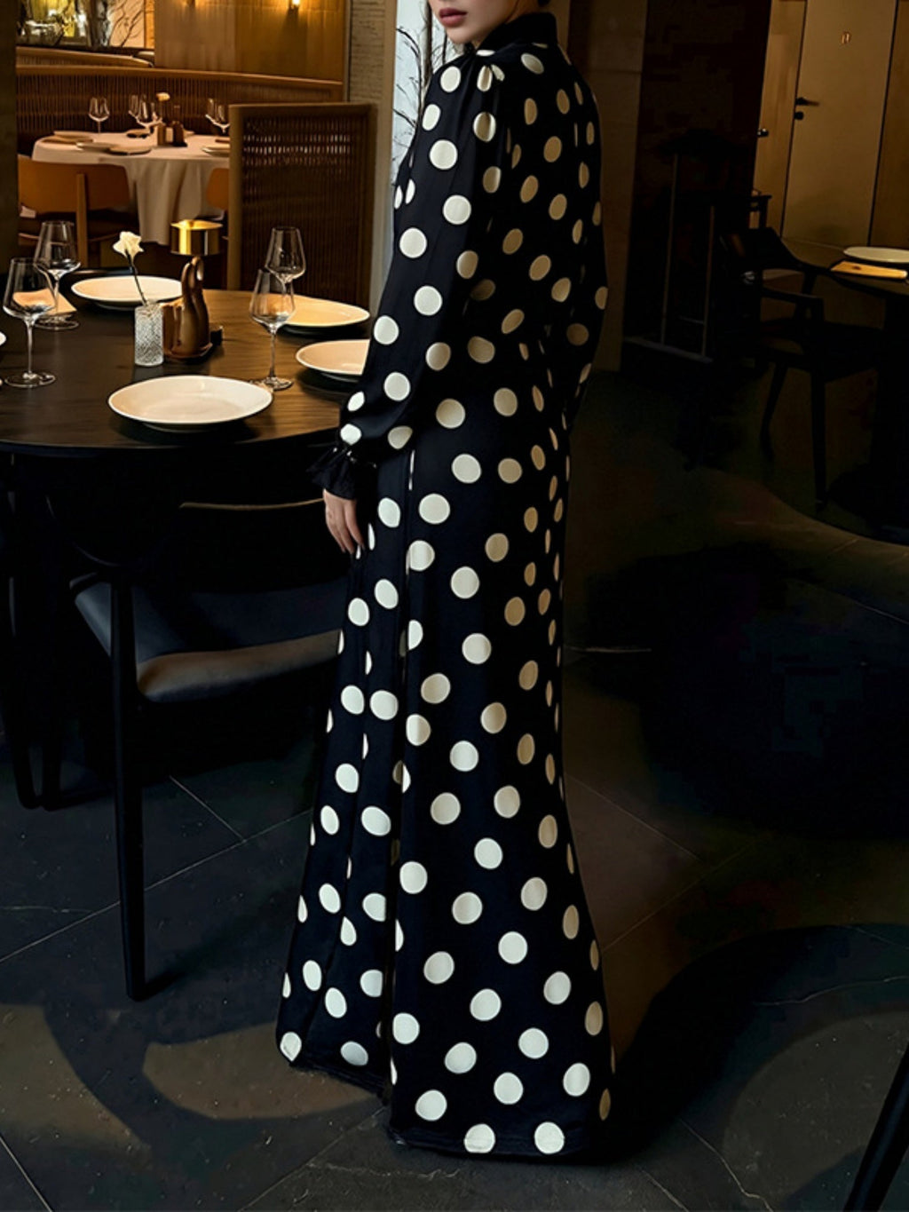 Polka Dots V-neck Puff Sleeves Waist Shaping Maxi Dresses