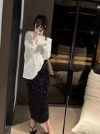 High-waisted, Slimming Sequined Midi Skirt With Elastic Waist, Back Slit, Straight Cut, Long Skirt