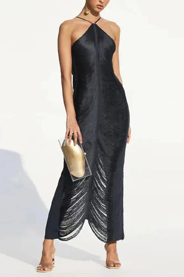 Metallic Pleated Fringe Halter Neck Backless Slit Maxi Gown