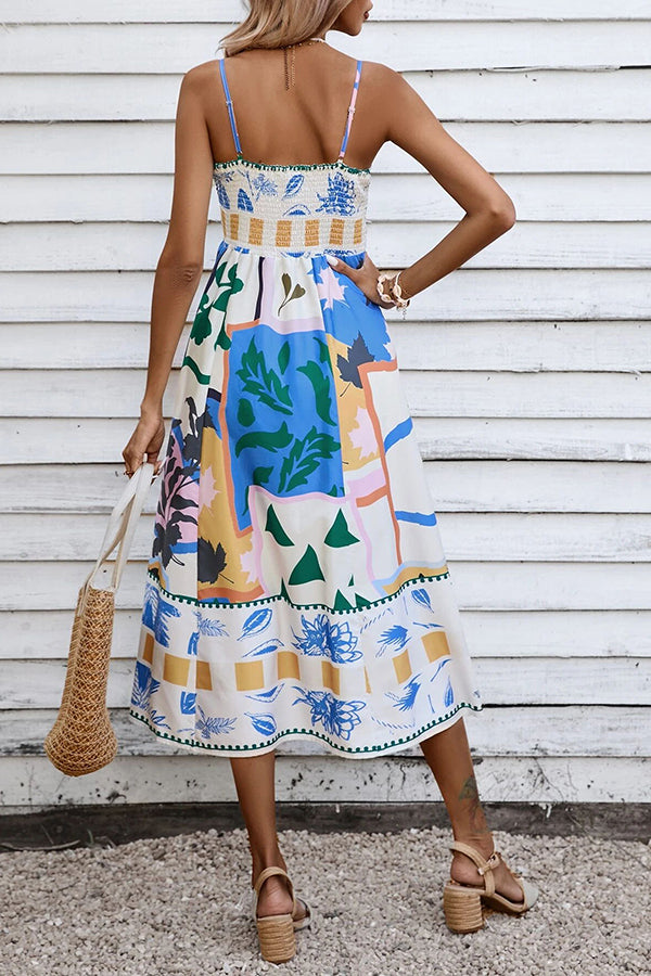 Abstract Floral Print Square Neck Spaghetti Strap Smocked Back Pocket Midi Dress