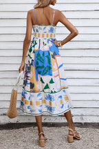 Abstract Floral Print Square Neck Spaghetti Strap Smocked Back Pocket Midi Dress