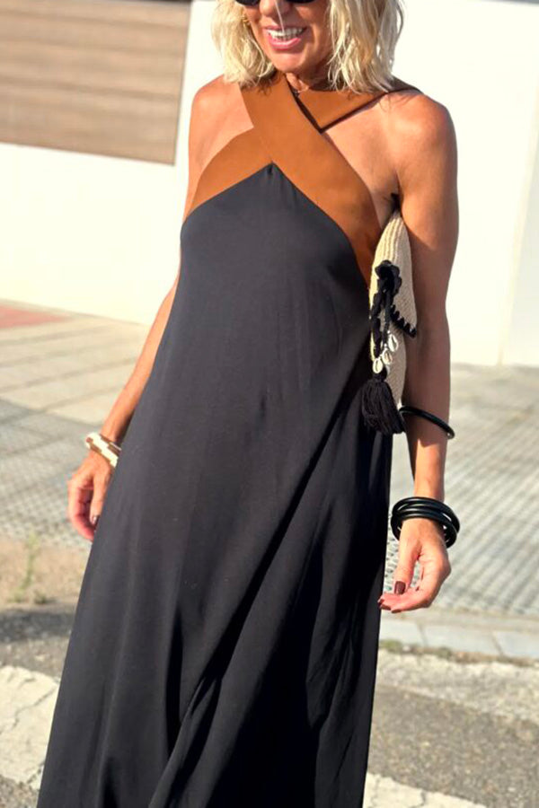 Halter Neck Mesh Illusion Panel Flowy Maxi Dress