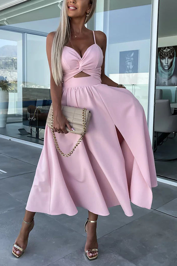 Twist Front Cutout Spaghetti Strap Pocket Side Slit A-Line Midi Dress