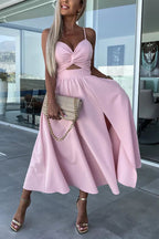 Twist Front Cutout Spaghetti Strap Pocket Side Slit A-Line Midi Dress