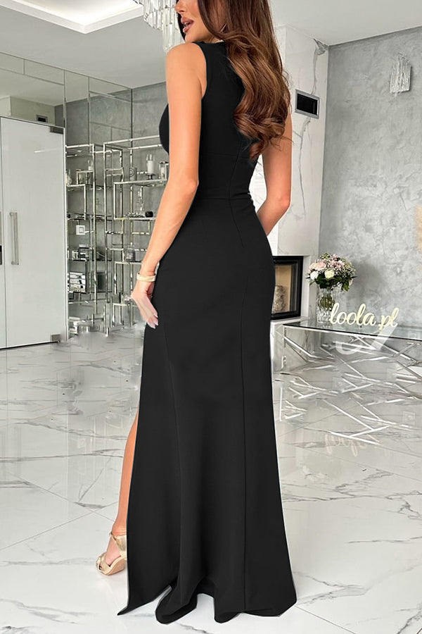 Surplice V-Neck Sleeveless Ruched Waist Side Slit Maxi Dress