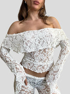Lace Off Shoulder Long Sleeve Tee & Flared Pants Set
