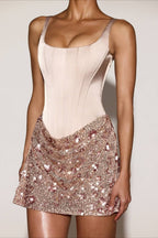 Spaghetti Strap 3D Floral Sequin Satin Bodycon Mini Dress