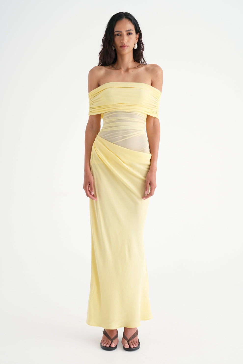 Off Shoulder Ruched Mesh Waist Panel Draped Overlay Maxi Gown