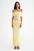 Off Shoulder Ruched Mesh Waist Panel Draped Overlay Maxi Gown