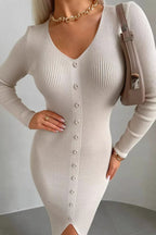 Ribbed Knit V-Neck Button Front Slit Bodycon Midi Dress