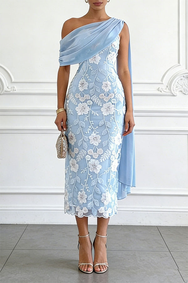 Ellie Ruched Drape Tulle One Shoulder Floral Embroidery Party Midi Dress