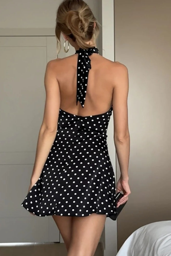 Polka Dot Halter High Neck Sleeveless Bodycon Mini Dress