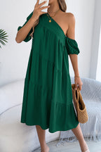Solid Color Loose Slash Neck Short-sleeved Casual Midi Dress
