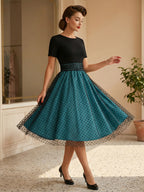 Retro Glamour Dress 1950s Style Jewel Neck Layered Short Sleeves Medium Polka Dot Rockabilly Dress