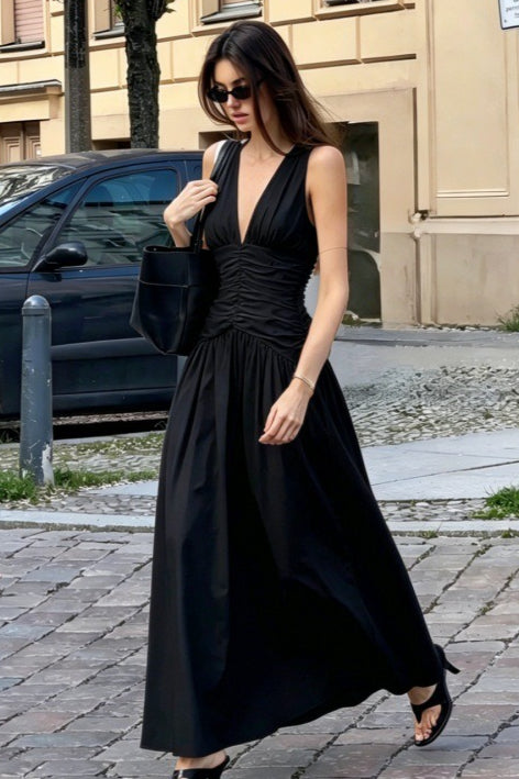 Deep V Neck Gathered Ruched A Line Maxi Dress