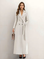 White Longline Woolen Coat Notched Lapel Double Breasted Belted Winter Full Length Outerwear For Women 2026