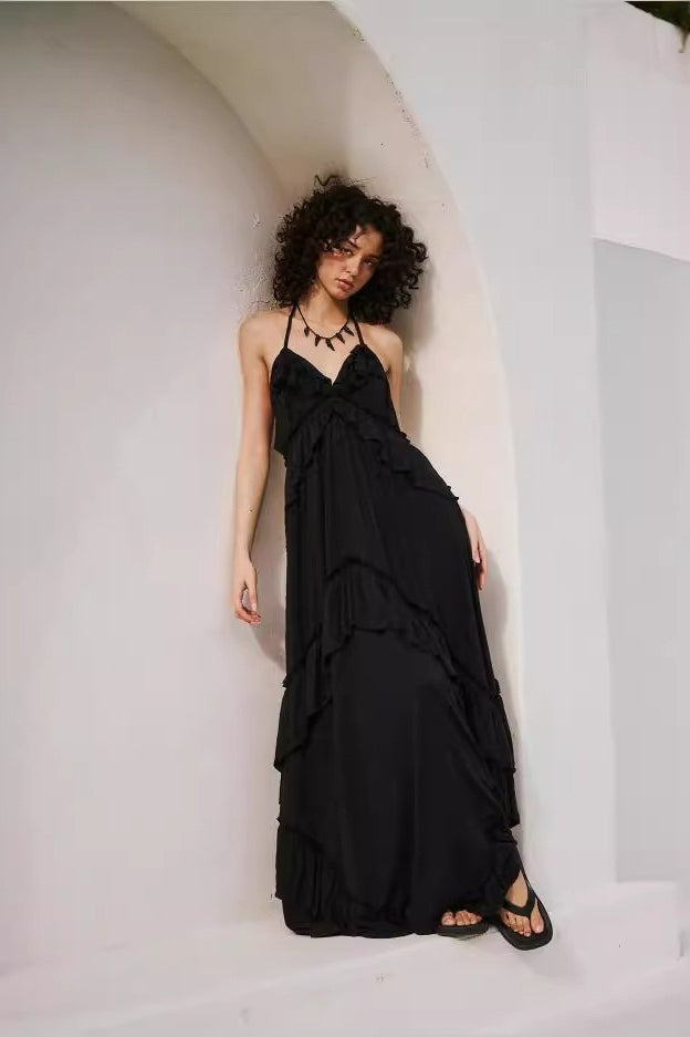 V-Neck Ruffled Spaghetti Strap Tiered Crinkle Texture Summer Maxi Dress