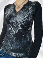 Gothic Print V Neck Long Sleeve Tee
