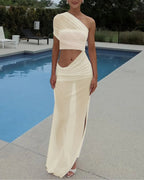 One Shoulder Ruched Mesh Crop Top High Slit Maxi Skirt Two Piece Set