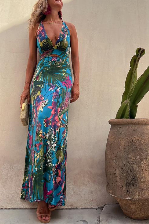 Tropical Print Cross Back Cut Out Backless Halter Maxi Dress