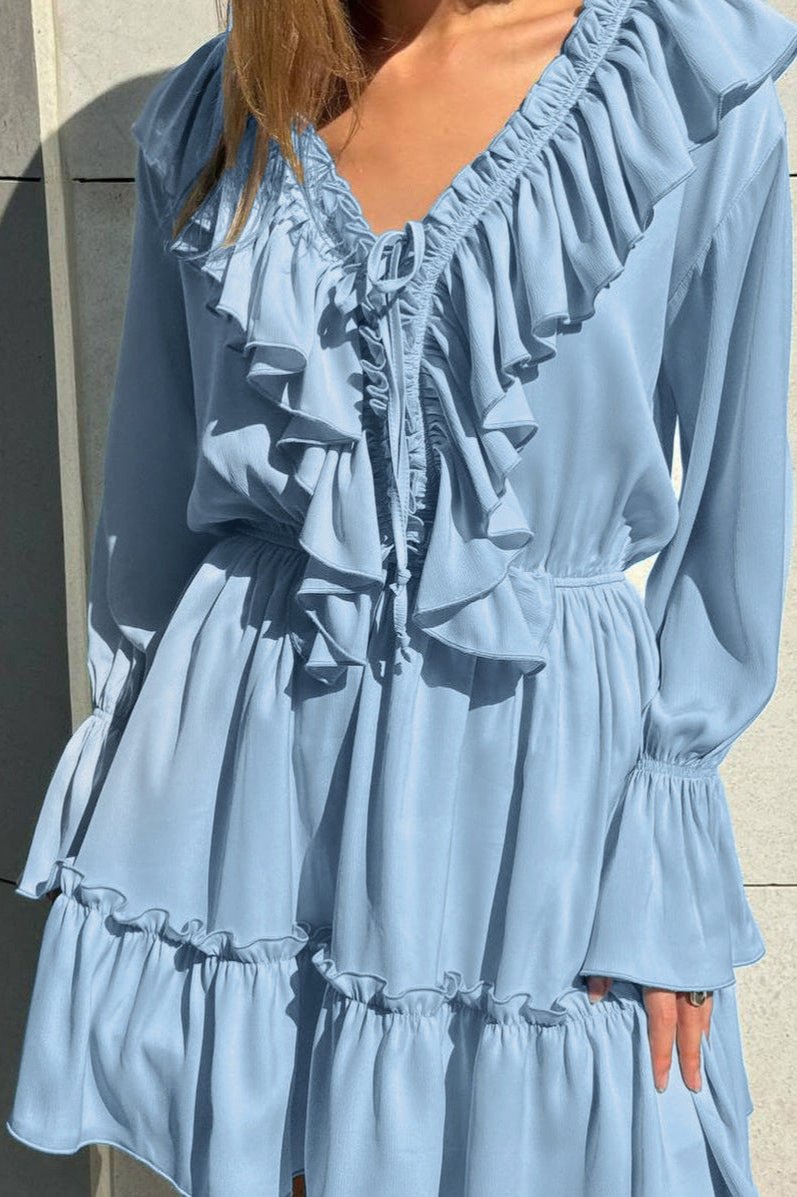 Ruffled Deep V-Neck Long Sleeve Ruffle Cuff Tiered Mini Dress
