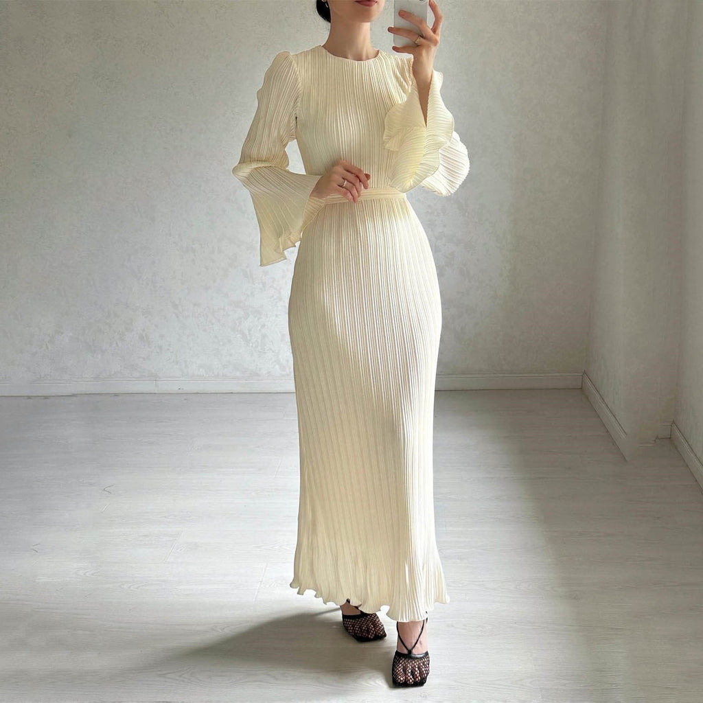 Micro Pleated Crew Neck Tie Belt Bell Sleeve Maxi Dress