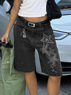 Star Print High Waist Straight Leg Denim Shorts