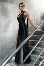 Halter Choker Cowl Plunge Ruched Waist Back Sash Thigh Slit Satin Maxi Dress