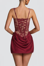 Cornelia Floral Lace Contrast Structural Detail Back Lace-up Satin Hem Mini Dress