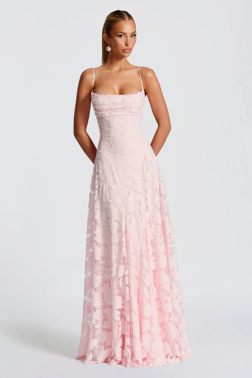 3D Floral Lace Applique Square Neck Spaghetti Strap A-Line Maxi Gown