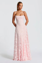 3D Floral Lace Applique Square Neck Spaghetti Strap A-Line Maxi Gown