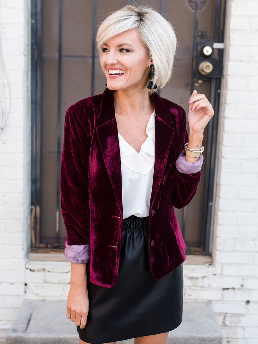 Velour Blazer Jacket For Women Green Burgundy Solid Color Casual Slim Fit Spring Fall Street Outerwear