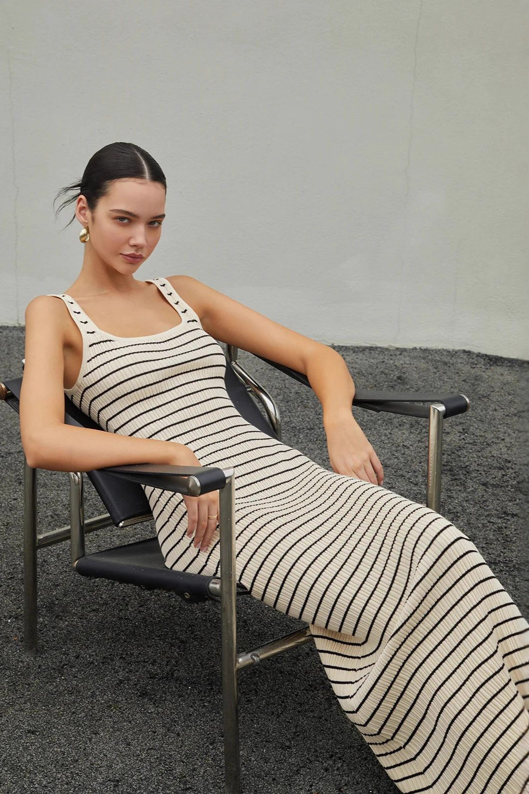 Ribbed Knit Horizontal Stripe Scoop Neck Tank Bodycon Maxi Sweater Dress