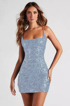 Sequin Damask Square Neck Spaghetti Strap Bodycon Mini Dress