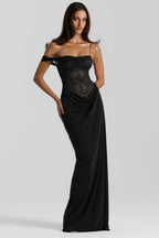 Lace Bustier Off Shoulder Spaghetti Strap Draped Cowl Maxi Gown