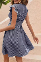 Striped V-Neck Ruffle Cap Sleeve Smocked Waist A-Line Mini Dress