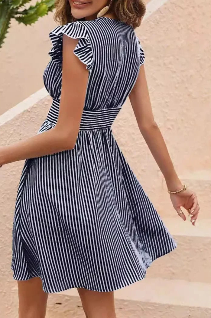 Striped V-Neck Ruffle Cap Sleeve Smocked Waist A-Line Mini Dress