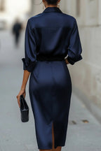 Solid Color Satin Lapel Long Sleeve Elegant Slim-fit Midi Dress