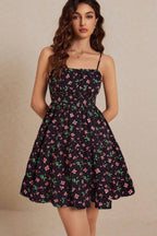 Ditsy Floral Polka Dot Print Tiered Ruffle Spaghetti Strap Mini Dress
